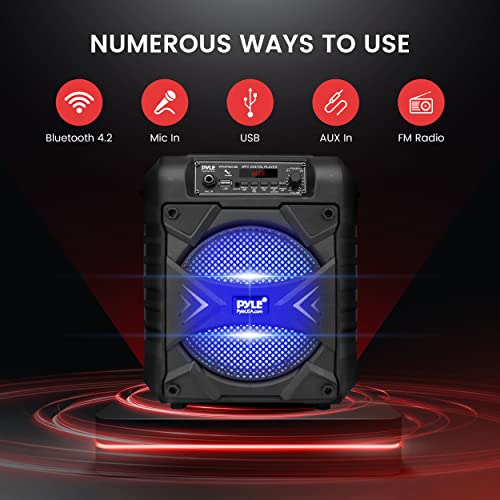Pyle Portable Bluetooth PA Speaker System, 300W Rechargeable Outdoor Bluetooth Speaker Portable PA System w/ 8” Subwoofer, AUX, Microphone in, Party Lights, MP3/USB, Radio, Remote