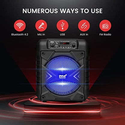 Pyle Portable Bluetooth PA Speaker System, 300W Rechargeable Outdoor Bluetooth Speaker Portable PA System w/ 8” Subwoofer, AUX, Microphone in, Party Lights, MP3/USB, Radio, Remote