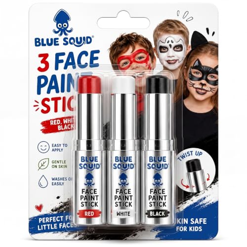 Blue Squid Red, White & Black Face Paint Stick - Water based Body Paint for Adults & Kids - Vegan Hypoallergenic Twist-Up Non-Toxic Makeup Stick for Cosplay, & SFX (Red, White & Black) - color: Red, White & Black