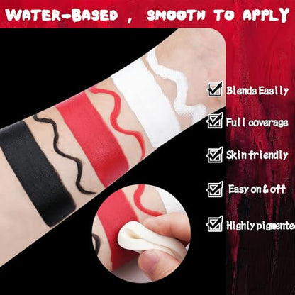 COVACURE Face Painting Kit, Black, Red & White Professional Water-based Halloween Makeup Kit with 3 Sponges & 3 Brushes for Halloween Clown Makeup, Cosplay, Costume, SFX Special Effect, Theme Parties