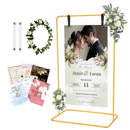 Wedding Welcome Sign Stand Fabric Banner Stand With Design Bundle Rose Vine | Linen Sign Holder Easel Stand for Sign Poster, Bridal Baby Shower Party With Stand Adjustable Welcome to Our Wedding, Gold - color: Gold