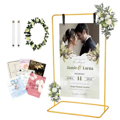 Wedding Welcome Sign Stand Fabric Banner Stand With Design Bundle Rose Vine | Linen Sign Holder Easel Stand for Sign Poster, Bridal Baby Shower Party With Stand Adjustable Welcome to Our Wedding, Gold - color: Gold