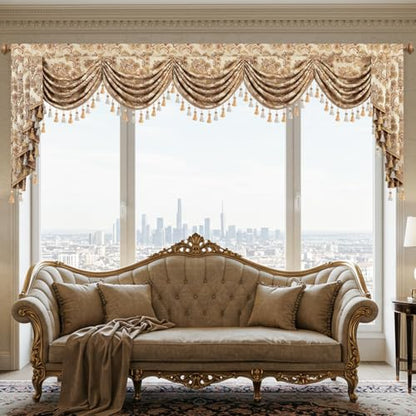 Leeva 138" Extra Wide Waterfall Valance, Buttercream Damask with Beaded Tassels, Luxury Swag Curtains for Mansions & Villa Window Treatments - color: *Beige, size: 138"W x 45"L (Pack of 1)