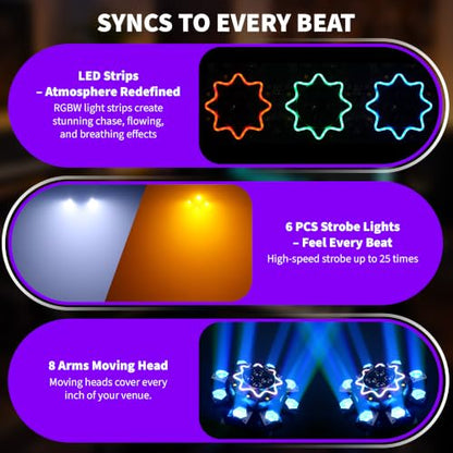 8 Arm Moving Head DJ Lights -200W RGBW LED Party Lights with RG Starlight,6 Strobe Lights, 540° Pan 180° Tilt, DMX512 & Sound Activated Auto Mode - DJ Lights for Parties, KTV, Wedding, Club