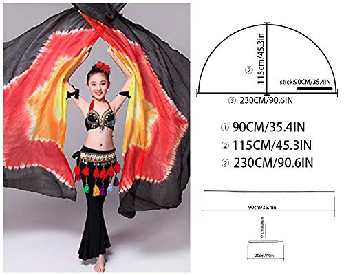 KIKIGOAL 100% Silk Belly Dance ISIS Wings Scarf Veil Fan with Telescopic Stick for Halloween Carnival Performance 1.4x2.7cm - color: Gradual Yellow