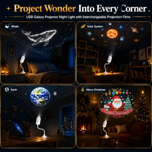 2-in-1 Galaxy Projector Night Light with 13 HD Projection Slides, USB Portable Starry Sky Night Light with 360° Rotation & Dual Auto-Off , Mini LED Ceiling Wall Lamp for Car Decor Bedroom Adults Gifts