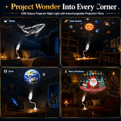 2-in-1 Galaxy Projector Night Light with 13 HD Projection Slides, USB Portable Starry Sky Night Light with 360° Rotation & Dual Auto-Off , Mini LED Ceiling Wall Lamp for Car Decor Bedroom Adults Gifts