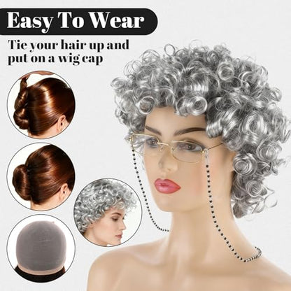8pcs Old Lady Wig Costume Set for Halloween Party | 100th Days of School Costume, Gray Hair Wig, Pearl Necklace, Glasses, Glasses Chain, Bracelet, Bandana, Earrings, Hair Net