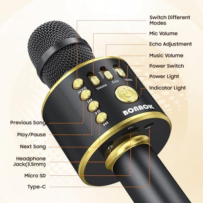 BONAOK Bluetooth Karaoke Microphone, Wireless Mic for Kids Adults to Sing - color: Black Gold