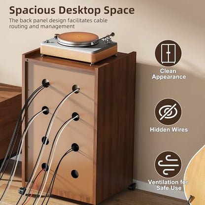 Media Cabinet with LED Lights and Glass Door, Metal Stereo Cabinet Brown - color: Brown (Wood Grain)