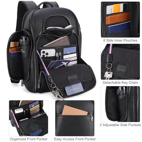 TIDING Genuine Leather Backpack for Men 15.6" Laptop Business Travel Bag | TSA Approved 180° Open, Dual Device Storage, Water-Resistant, Water Bottle Pocket, Luggage Strap, Adjustable Chest Belt - color: Black-for 15.6" Laptop