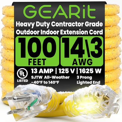 GEARit 100 ft Heavy Duty Outdoor Extension Cord, 14/3 SJTW, 14 AWG Lighted - size: 14 AWG Gauge, style: 100 Feet (SJTW Rated)
