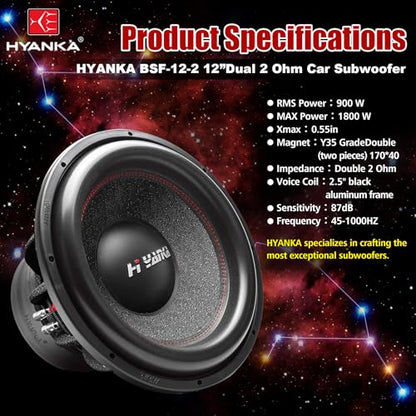 H YANKA BSF-12-2 12 Inch Subwoofer - 1800W MAX Power 12 Inch Paper Cone Subwoofer Car Audio, Black Aluminum Basket, 2.5“ Dual Voice Coil 2 Ohm Impedance 12" Subwoofer for Cars - size: 12 Inch, style: Dual 2 Ohm