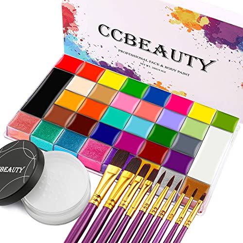 CCbeauty 36 Colors Face Paint,Professional Face Painting Kit,Neon Body Paint Palette Kit,Non-Toxic Special Effect SFX Makeup Kit,Halloween Costume Cosplay For Adult,Translucent Loose Powder,10 Brushes - color: 36 Colors With Loose Powder And 10 Brushes
