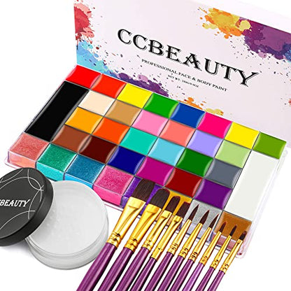 CCbeauty 36 Colors Face Paint,Professional Face Painting Kit,Neon Body Paint Palette Kit,Non-Toxic Special Effect SFX Makeup Kit,Halloween Costume Cosplay For Adult,Translucent Loose Powder,10 Brushes - color: 36 Colors With Loose Powder And 10 Brushes