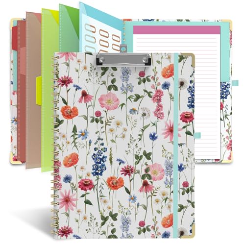 Clipboard Folio with Storage 8.5" X 11", Folder with 10 Pockets for Letter Size, Padfolio Organizer with Refillable Lined Notepad, Spiral Clipboards for School Office & Nursing-Wildflowers - color: Wildflowers