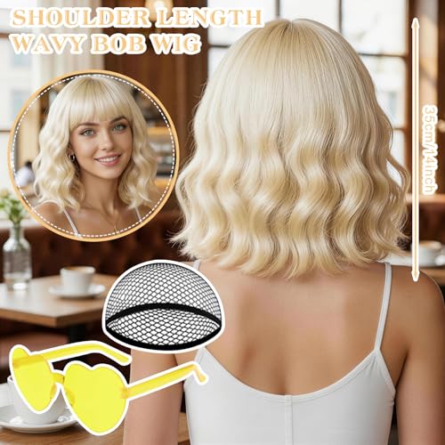 Blonde Wavy Bob Wig with Bangs Heart Sunglasses for Women, Funny Hair Replacement Curly Bob Synthetic Wigs with Hair Cap for Cosplay Costume Bachelorette 80s Retro Party Birthday Fancy Dress - color: Blonde