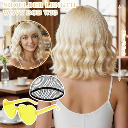 Blonde Wavy Bob Wig with Bangs Heart Sunglasses for Women, Funny Hair Replacement Curly Bob Synthetic Wigs with Hair Cap for Cosplay Costume Bachelorette 80s Retro Party Birthday Fancy Dress - color: Blonde
