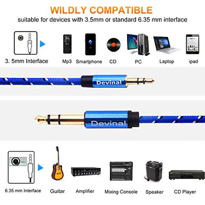 1/4" to 3.5mm Stereo Cable, 3.5mm to 1/4 inch TRS Adapter Cable, aux to Quarter inch Cord Lead with Extra Durable Nylon Braid Gold Plated 6 Feet 1.8 Meter