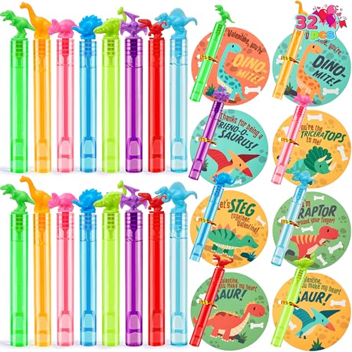 JOYIN 32 Packs Valentine's Day Gift Cards with Mini Bubble Wands for Kids, Valentine's Party Favor, Classroom Exchange Gift for Kids, Holiday Reward Prizes - style: Dinosaur