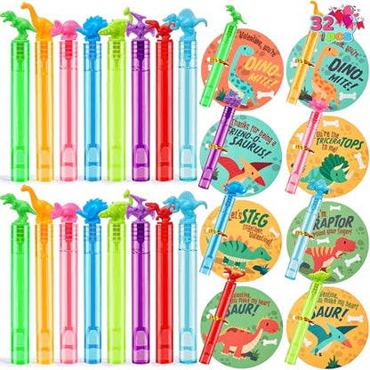 JOYIN 32 Packs Valentine's Day Gift Cards with Mini Bubble Wands for Kids, Valentine's Party Favor, Classroom Exchange Gift for Kids, Holiday Reward Prizes - style: Dinosaur