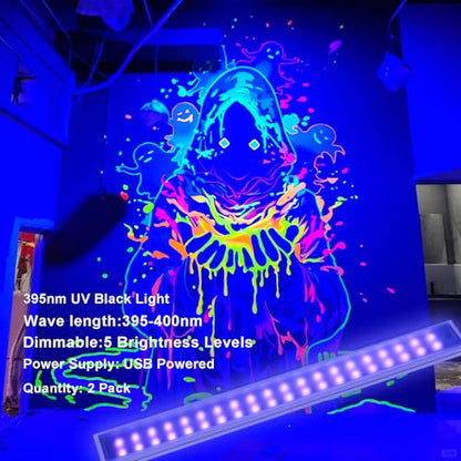 395nm UV Black Light Bar 2 Pack, 9.5 Inch Dimmable Blacklight LED Bar with Aluminum Housing, USB Powered UV Light Strip for Glow Party, Fluorescent Poster, Body Paint, Halloween Decorations