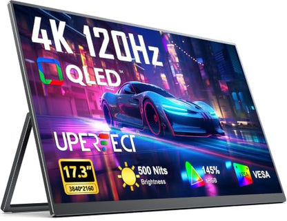 UPERFECT Portable Monitor 4K 120HZ QLED 17.3", 0.1ms Gaming Monitor | 500 Nits | 3840 * 2160 UHD |145% sRGB | USB-C & MINI HDMI | VESA & Stand | Travel Screen for Laptop, Computer, Game Consoles - size: 17.3"