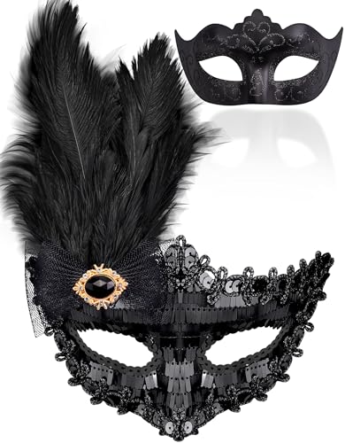 SIQUK Couple Masquerade Masks Set Venetian Party Mask Costume Mask - color: Feather Black