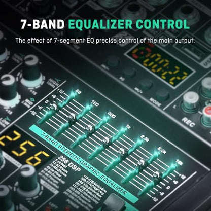 BOMGE Professional DJ audio mixer, 4 channel DJ mixer, Bluetooth sound mixer, supports USB/MP3/BT computer input,256DSP,48V phantom power suitable for DJ studio streaming recording