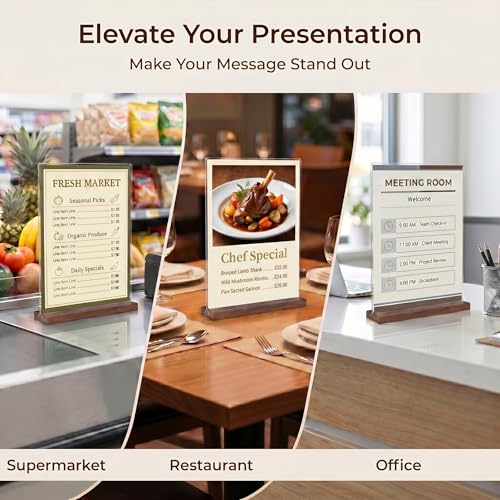Acrylic Sign Holder 8.5 x 11 with Wooden Base, Double-Sided Horizontal Menu Display Stand, T-Shape Clear Paper Holder for Restaurant Cafe Office Wedding, 3 Pack
