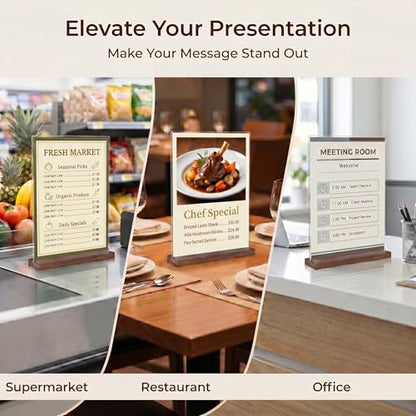 Acrylic Sign Holder 8.5 x 11 with Wooden Base, Double-Sided Horizontal Menu Display Stand, T-Shape Clear Paper Holder for Restaurant Cafe Office Wedding, 3 Pack