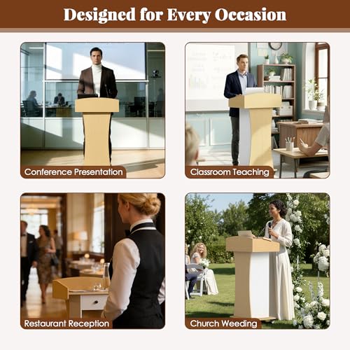 Podium Stand with Metal Wheels Wooden Lectern Podium Stand Portable Pulpit Standing with Storage Mobile Reception Podiums Desk for Church Office School Conference Restaurant Meeting,Wood - color: White&wood