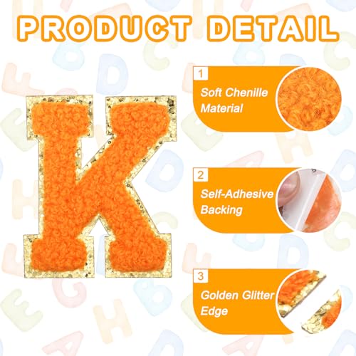 MECCANIXITY Chenille Letter Patches 2.2" Self Adhesive Alphabet K Stick on Embroidered Patch Sew on Letter Stickers Applique for Repairing Clothing Jeans Shoes Hats DIY(Orange, Pack of 2) - style: Letter-K