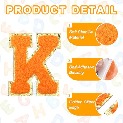 MECCANIXITY Chenille Letter Patches 2.2" Self Adhesive Alphabet K Stick on Embroidered Patch Sew on Letter Stickers Applique for Repairing Clothing Jeans Shoes Hats DIY(Orange, Pack of 2) - style: Letter-K