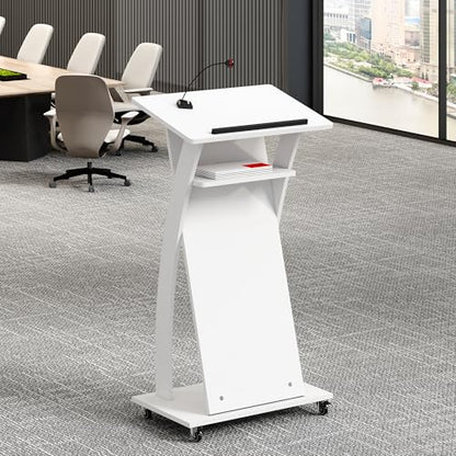 Mobile Wooden Podium Stand with Wheels Lectern White 16MM Wood Board Elegant Design Wooden Churche Pulpit - color: White