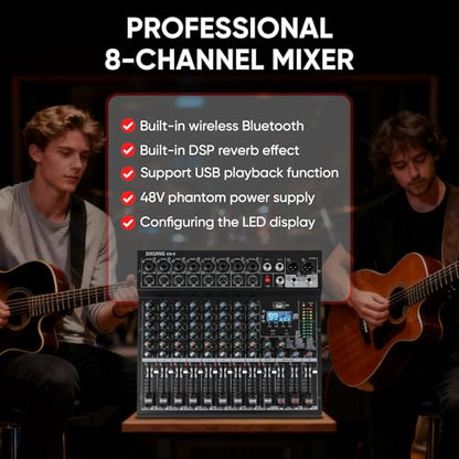 8 Channel Audio Mixer with Bluetooth, 99 DSP Effects - color: 8-Channel