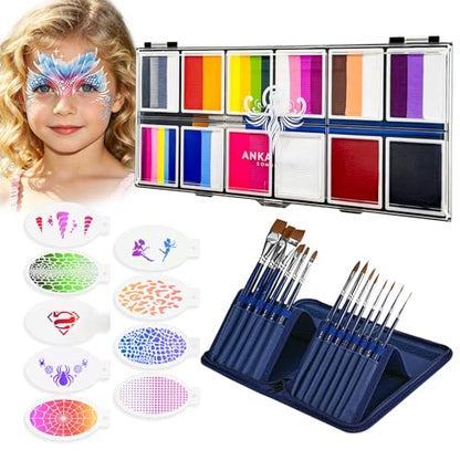 Anka Bella Face Painting Kit for Kids & Adults, Split Cake Water Activated Face Paint Palette with 14 Brushes,Non Toxic Hypoallergenic Washable Face Paint for Drawing Tiger,Lion,Dinosaur,Spider - color: ZooDazzle Palette