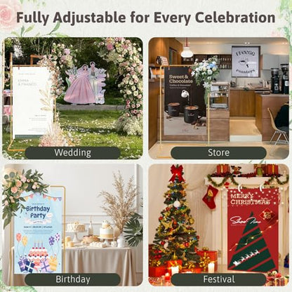 Meiqi Gold Adjustable Wedding Welcome Sign Stand with 4 Leather Hanging Straps, Ground Stakes & Weight Bag - Large Easel for Wedding Signs, Posters, Banners - Perfect for Outdoor Events, Baby Showers - color: Gold