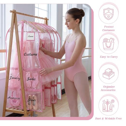 Nuenen 3 Pack Dance Garment Bags for Costumes Clear Dance Recital Organizer with Pockets & Labels, 40 Inch PVC Hanging Costume Bag for Competition Travel, Garment Bag with Compartments(Pink) - color: Pink