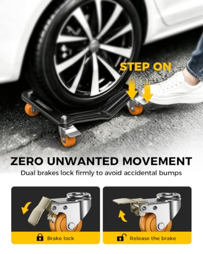 KYX Car Dolly Set of 4, 6000 LBS Wheel Dolly, Heavy Duty Vehicle Dollies, V-Shaped Structure with 360-Degree Ball-Bearing Casters & Double Brakes for Moving Cars, Motorcycle and SUVs