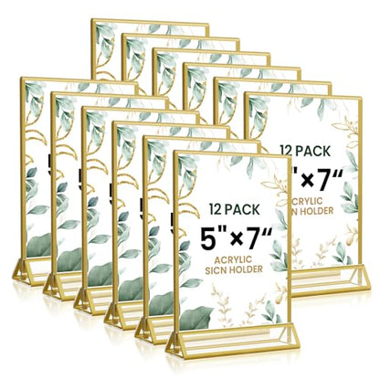 5x7 Gold Acrylic Sign Holder, 12 Pack Wedding Table Number Stands With Vertical Gold Borders, Double Sided Picture Frame Paper Stand, Clear Photo Display Menu for Party, Home, Restaurant - color: Vertical-12 Pack-5 x 7