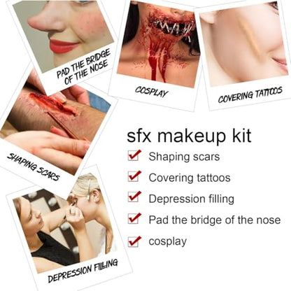 Halloween Fake Blood SFX Makeup Kit – 7PCS Special Effects Set with Fake Blood Spray, Liquid Latex+Scar Wax+Fake Blood Gel+Spatula Tool & 2 Stipple Sponges – Vampire Zombie Makeup Kit for Face & Body - color: # 7PCS SFX Makeup Kit
