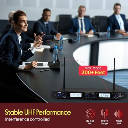 Pyle 4 Channel UHF Wireless Conference Microphone System with 4 Gooseneck Mics, 300 Ft Range, Selectable Frequencies & Rack Mount Receiver for Meetings, Presentations & Events - style: 4 Gooseneck Mics