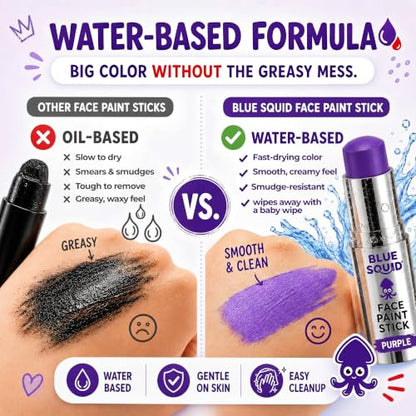 Blue Squid Purple Face Paint Stick - Water based Body Paint for Adults & Kids - Vegan Hypoallergenic Twist-Up Non-Toxic Makeup Stick for Cosplay, & SFX (Purple) - color: Purple