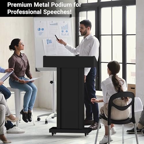 GARVIN Podium Stand with 4 Lockable Wheels, Heavy-Duty Metal Lecterns & Podiums with Hidden Storage, 46.5”H Portable Pulpit for Church, School, Office and Conference, Black - color: Black-03