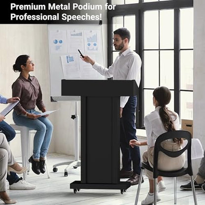 GARVIN Podium Stand with 4 Lockable Wheels, Heavy-Duty Metal Lecterns & Podiums with Hidden Storage, 46.5”H Portable Pulpit for Church, School, Office and Conference, Black - color: Black-03
