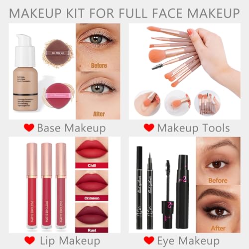 CHARMCODE Full Makeup Kit, Makeup Sets for Women Full Kit, All in One Make Up Gift Set for Girls & Women with Eyeshadow,Liquid Lipstick,Foundation,Mascara,Blush,Eyeliner,Contour,Brushes and More - color: Ultimate Full Makeup Kit