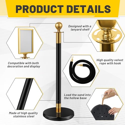 Velvet Ropes and Posts, 4 Stainless Steel Stanchions, Sign Holder, Black | 2x5 ft Velvet Ropes, Fillable Bases, Sign Holder, Crowd Control Barriers for Red Carpet Events, Hotel, Theater, Weddings - color: Black Gold