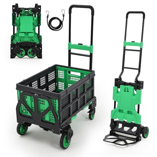 2-in-1 Folding Hand Truck with Collapsible Basket, 330lb Capacity Heavy Duty Platform Cart, Retractable Telescoping Handle, 4 Wheels Portable Dolly for Moving Office Luggage Warehouse, Green - color: Green