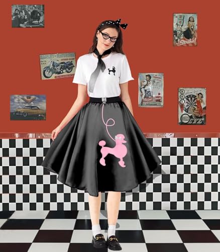 1950s Poodle Skirt Outfit Women 50s Sock Hop Costume T Shirt Accessories - color: Blackpink, size: Small